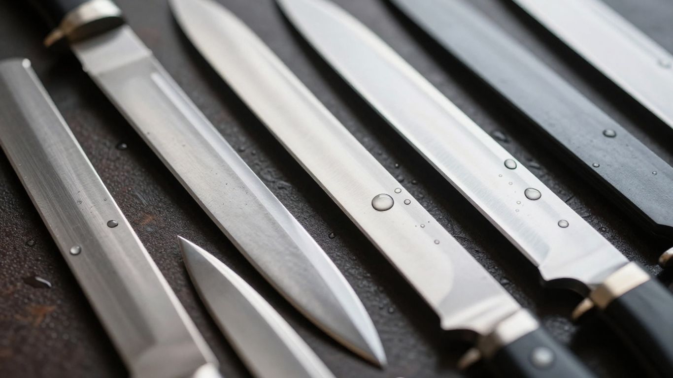 Corrosion-resistant knife blades with water droplets.