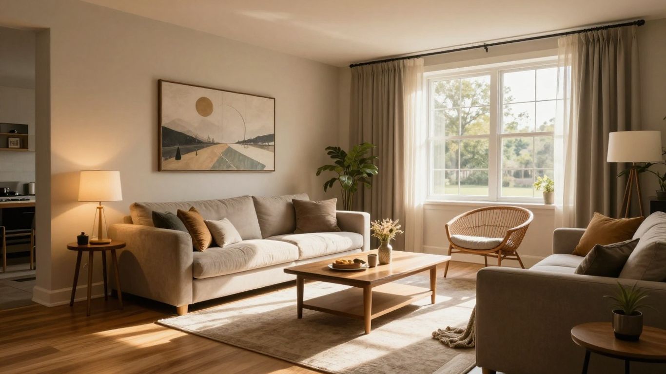 Finished basement living area with modern furniture and warm lighting.