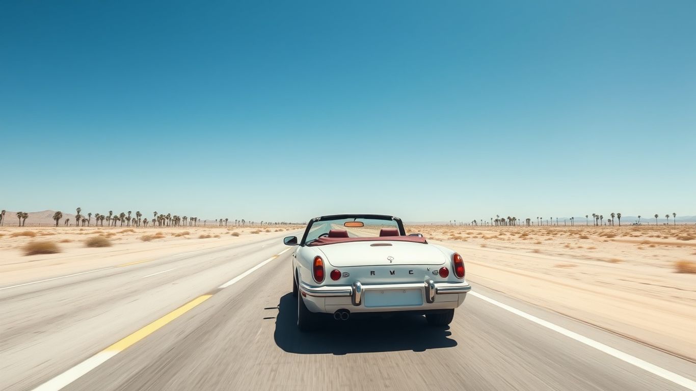 Sun-drenched convertible on desert road