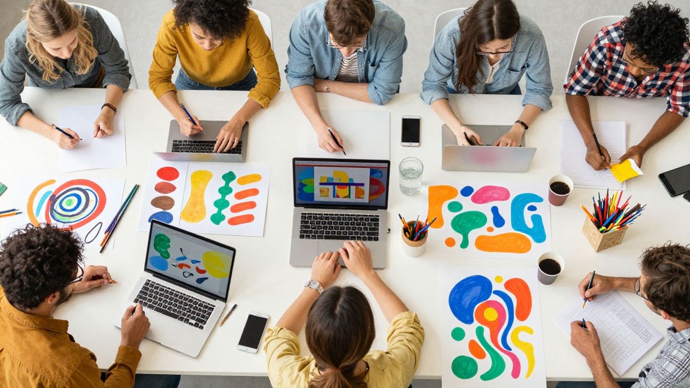 Creative individuals using digital tools and art supplies.