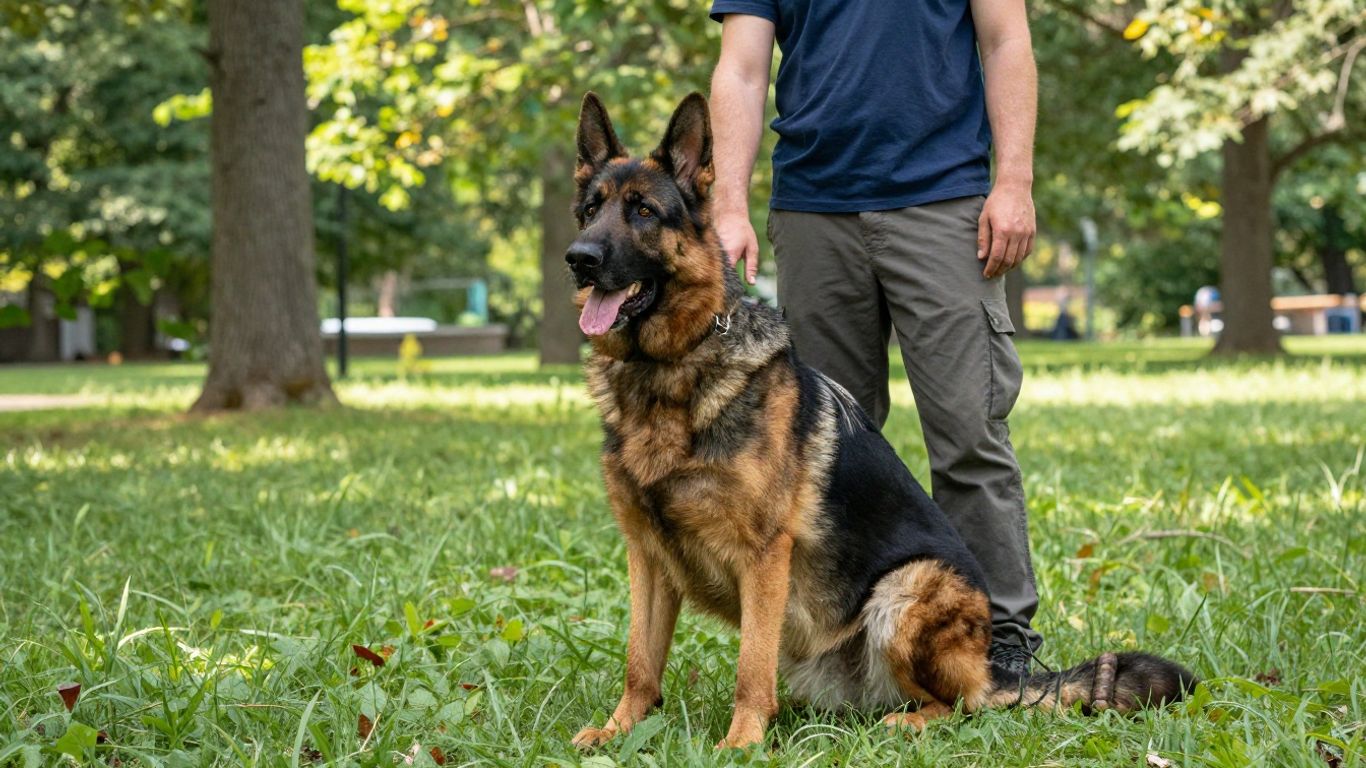 Dog and handler training outdoors in a park.