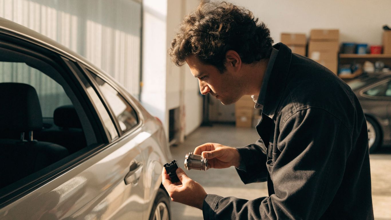 Mechanic checking a replacement car component