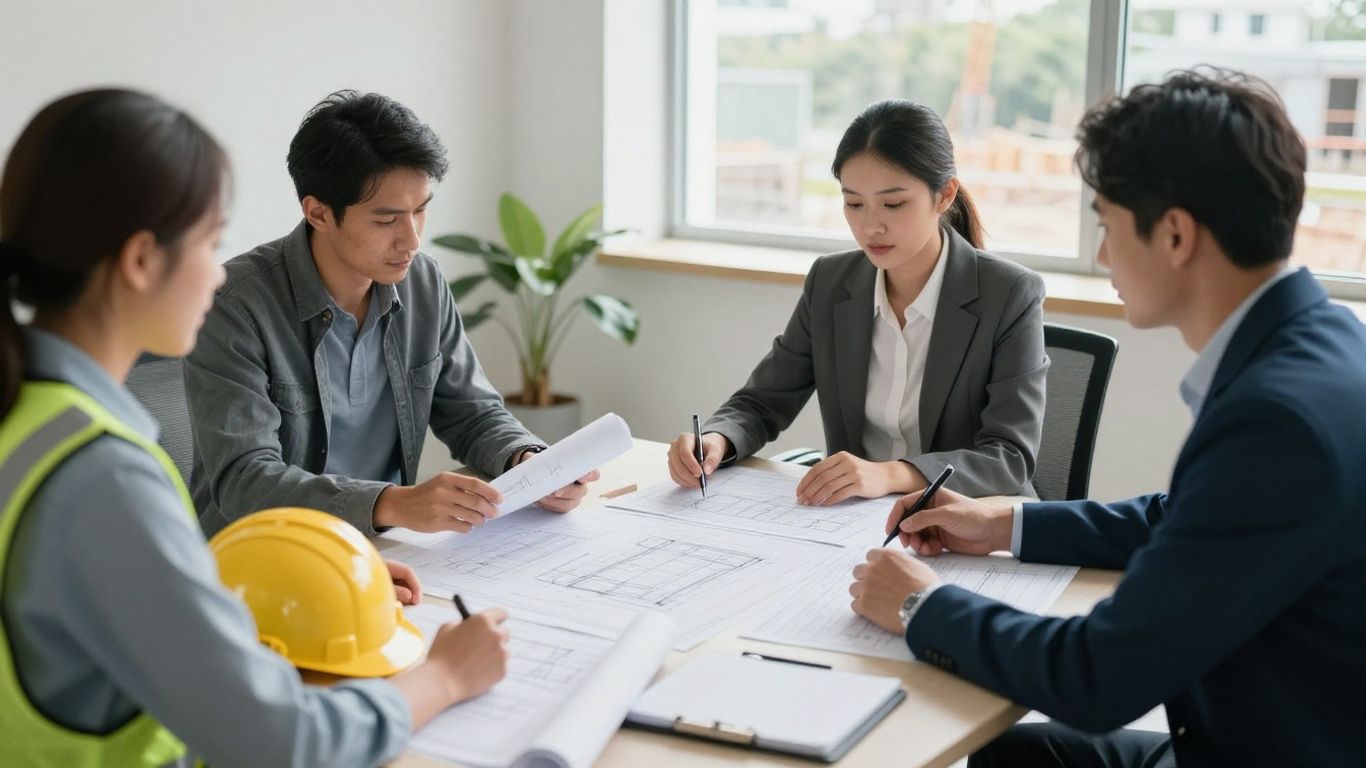 Engineer checking plans at a project approval meeting