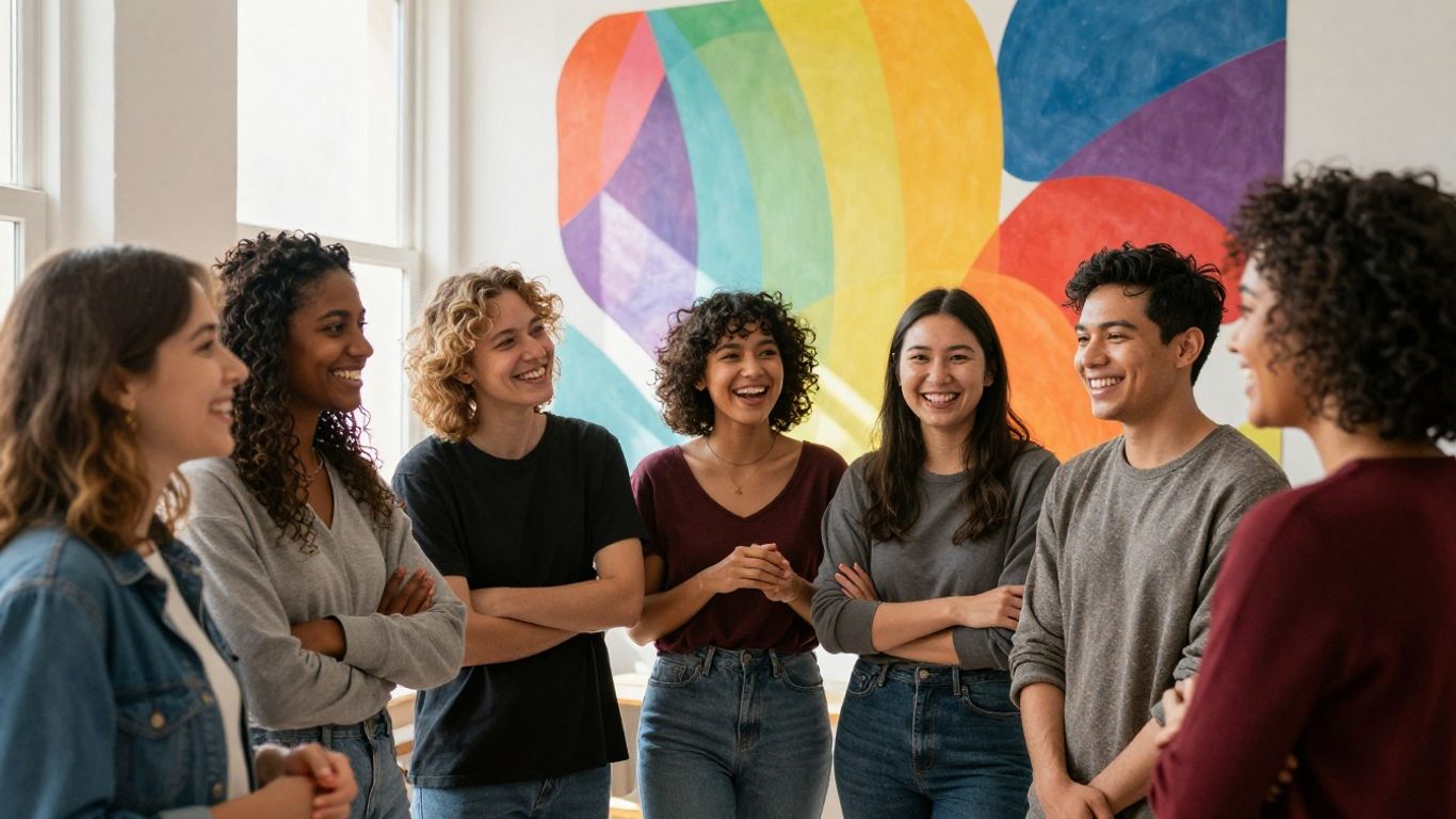 Pessoas diversas celebrando juntas em um ambiente iluminado e colorido.