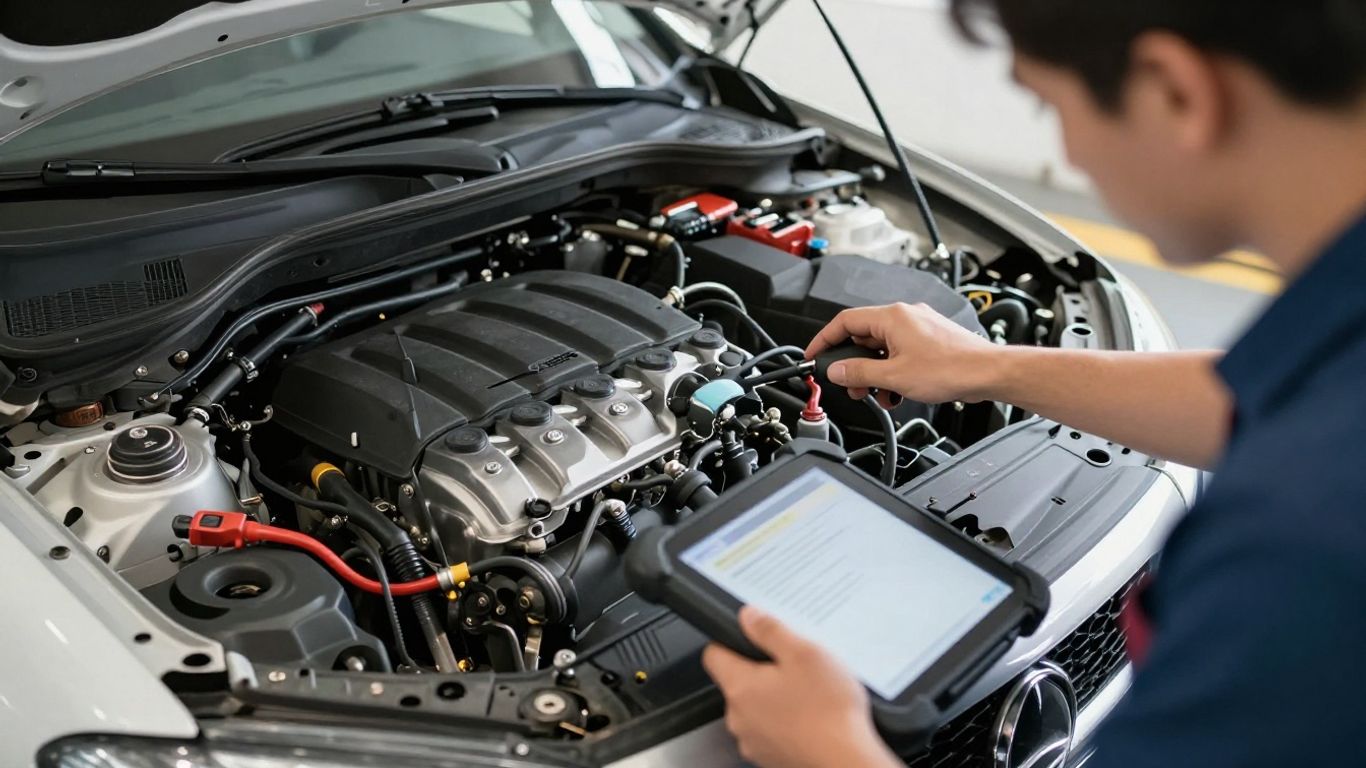 Technician inspecting a European engine