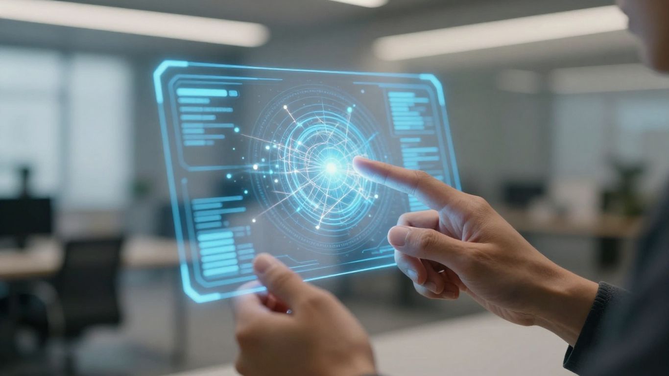 Futuristic AI interface with glowing digital connections and data streams.