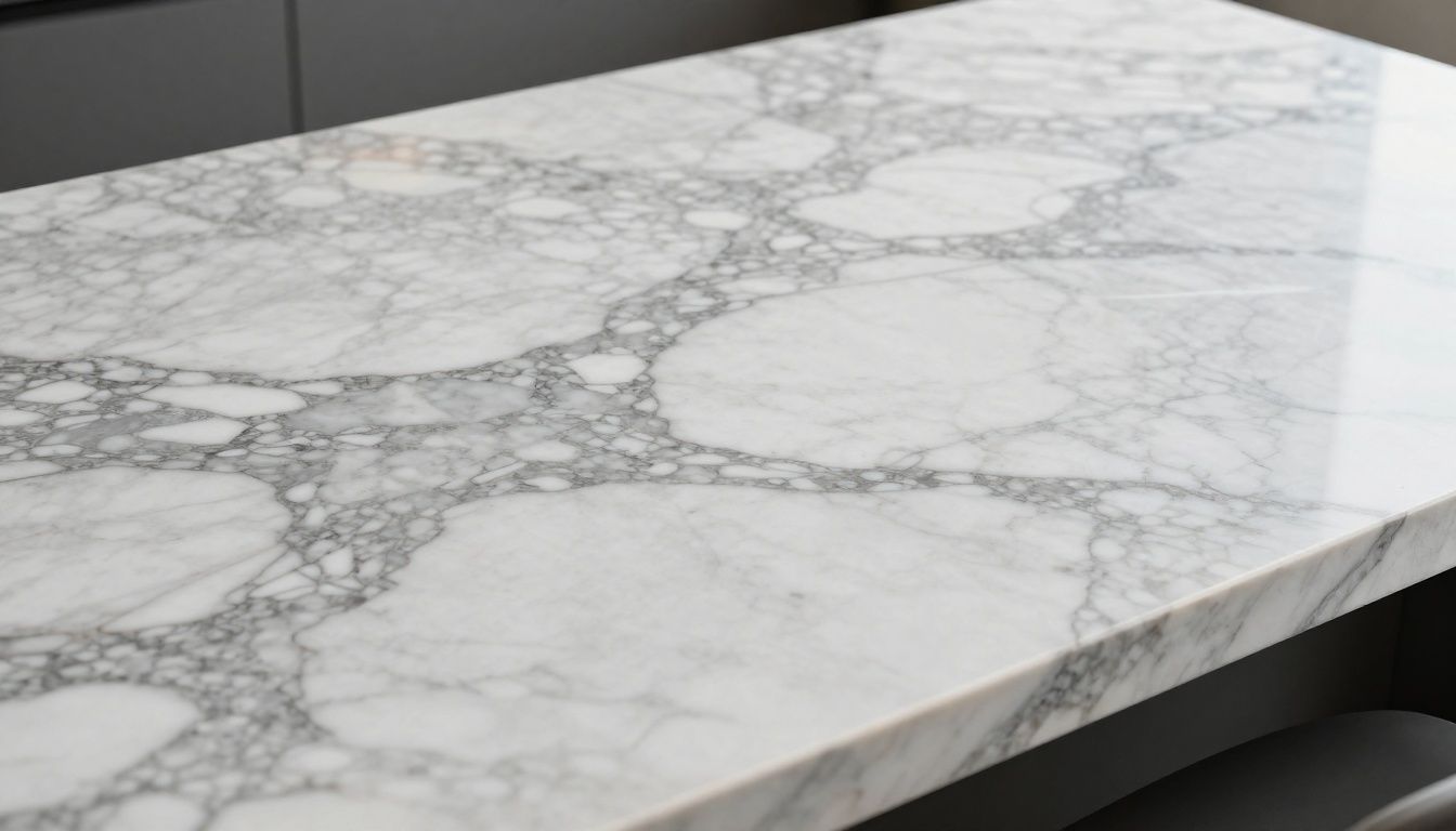 A close-up of a stunning Calacatta marble countertop with dramatic grey veining.