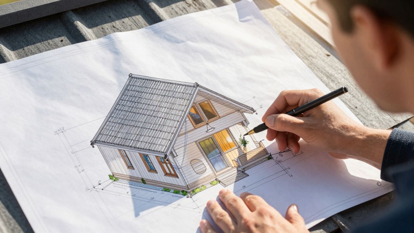 Homeowner reviewing roof blueprint for project planning.