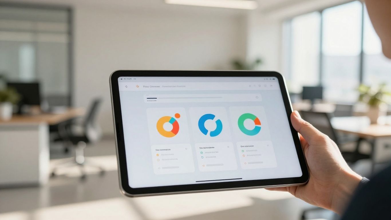 Tablet showing job history data in an office.