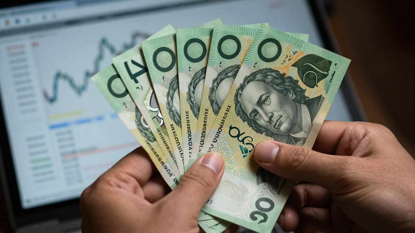 Australian dollars and blurred financial charts.