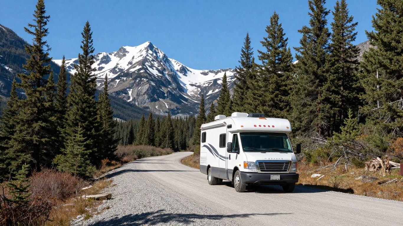 RV driving on Yukon road with mountains.