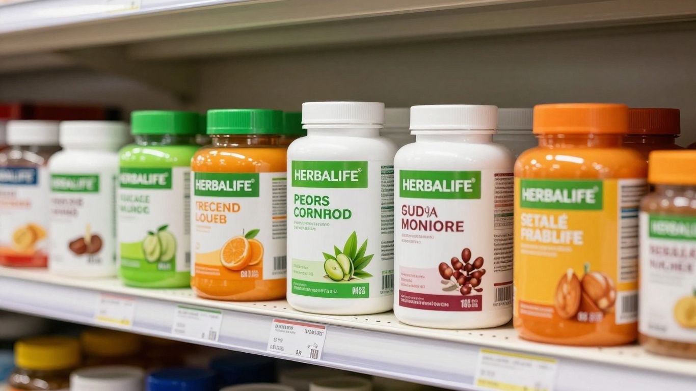 Herbalife products displayed on a store shelf.