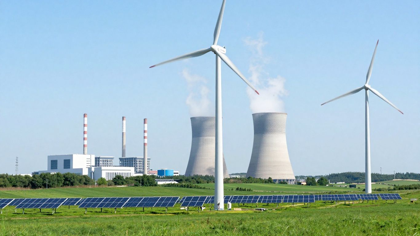 Éoliennes et panneaux solaires devant une centrale nucléaire
