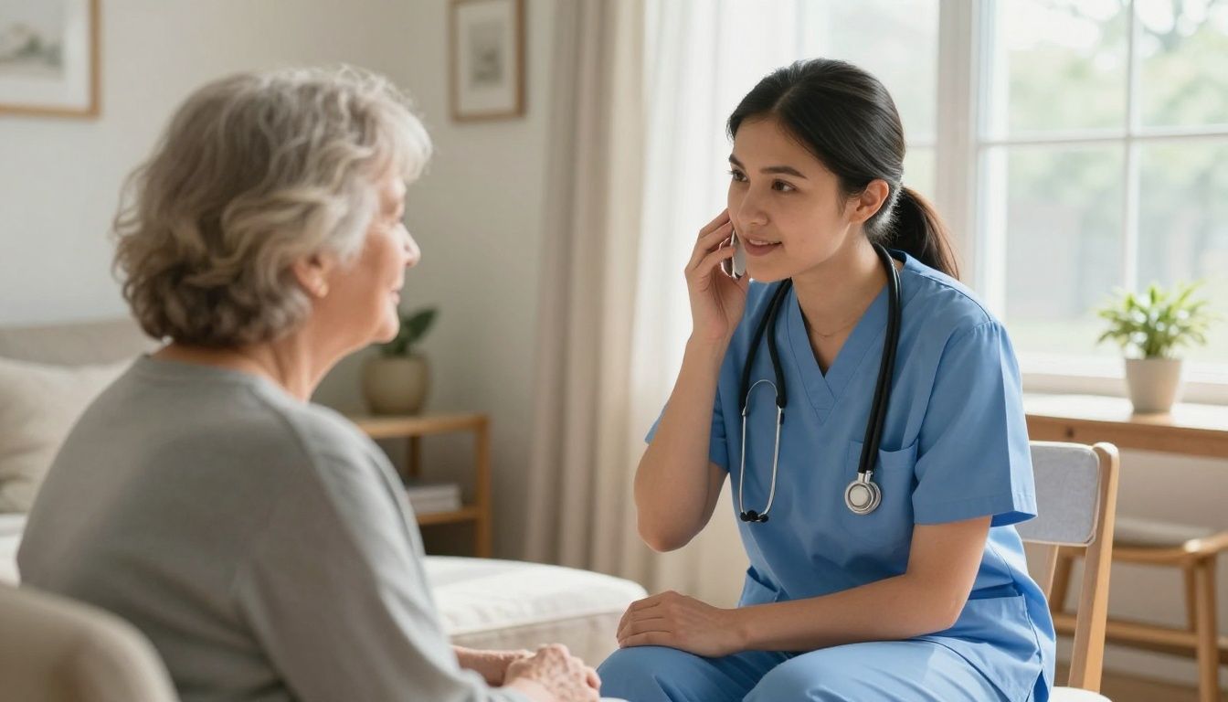 A kind and professional nurse speaking gently with an elderly woman seated in a sunlit, comfortable living room in a North Carolina home, emphasizing a sense of calm, dignified care and partnership.