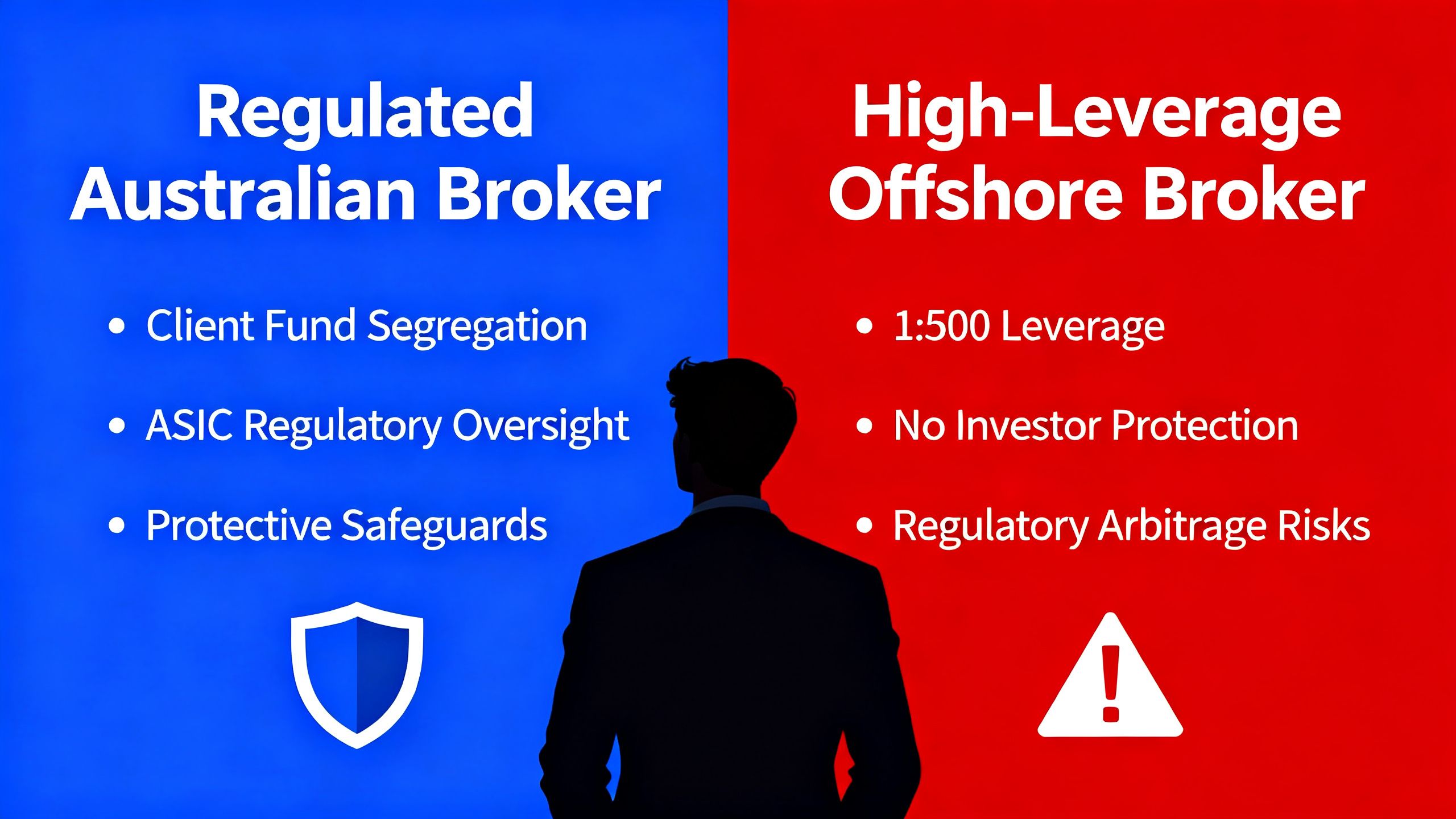 A retail forex trader choosing between a regulated Australian broker with protective safeguards and a high-leverage offshore broker, with the risks of regulatory arbitrage clearly visible