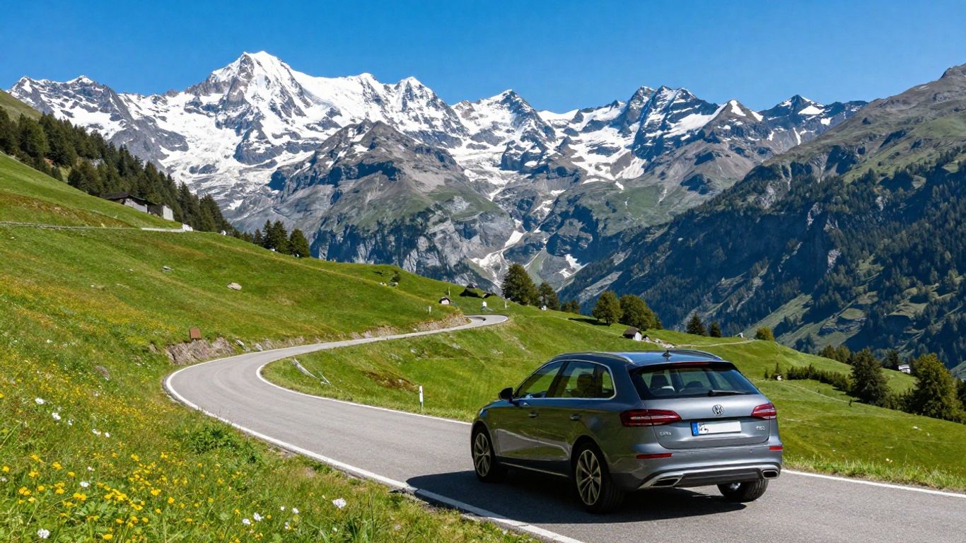 Ein glänzendes Fahrzeug auf einer Schweizer Bergstraße