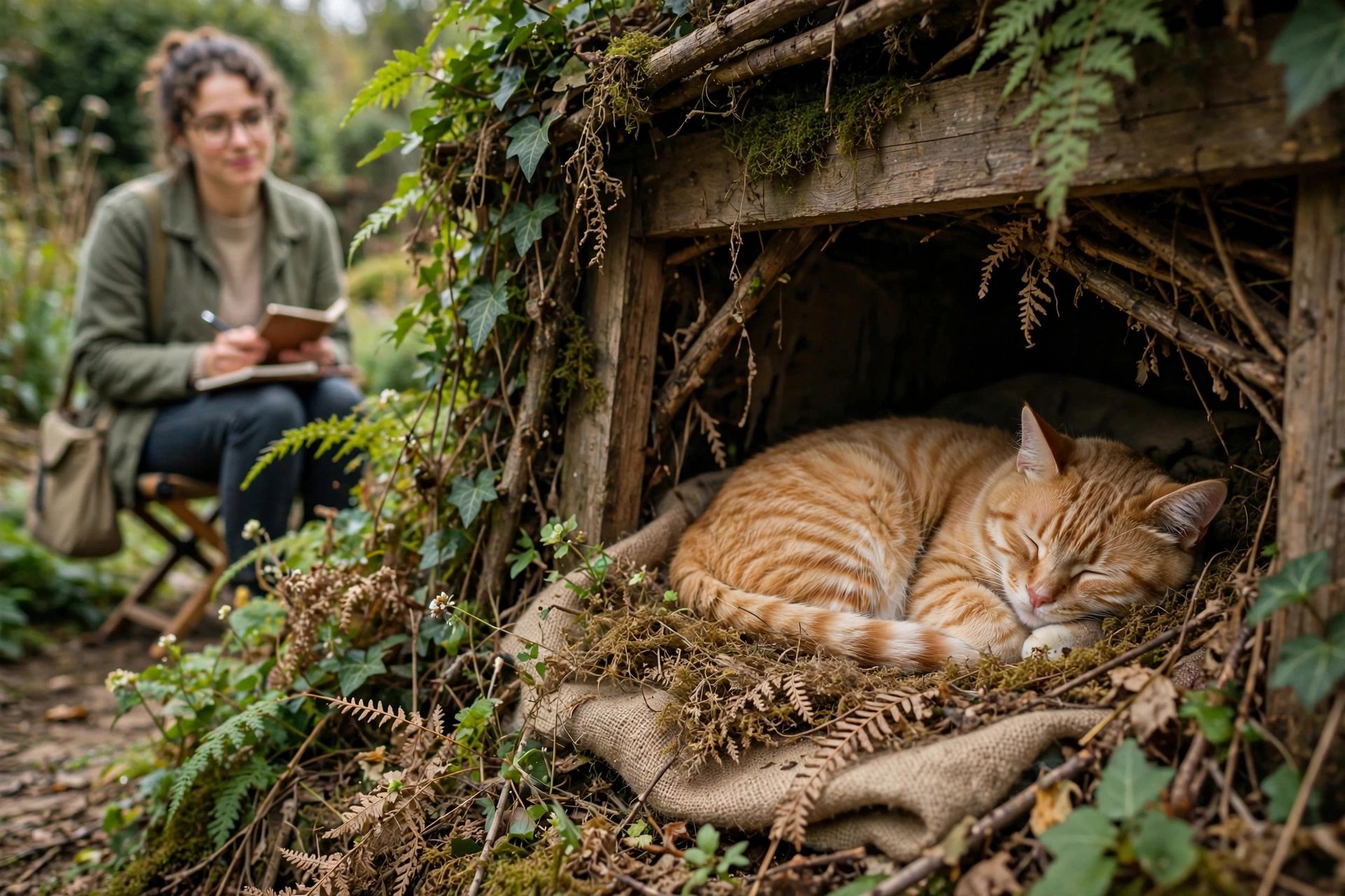 A cat resting in a quiet hideaway while its owner observes its behavior from a respectful distance