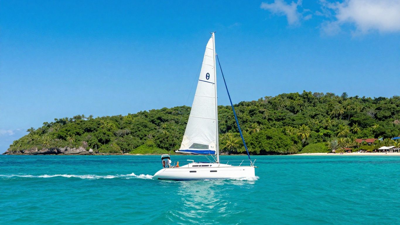 Sailboat on turquoise water near green islands