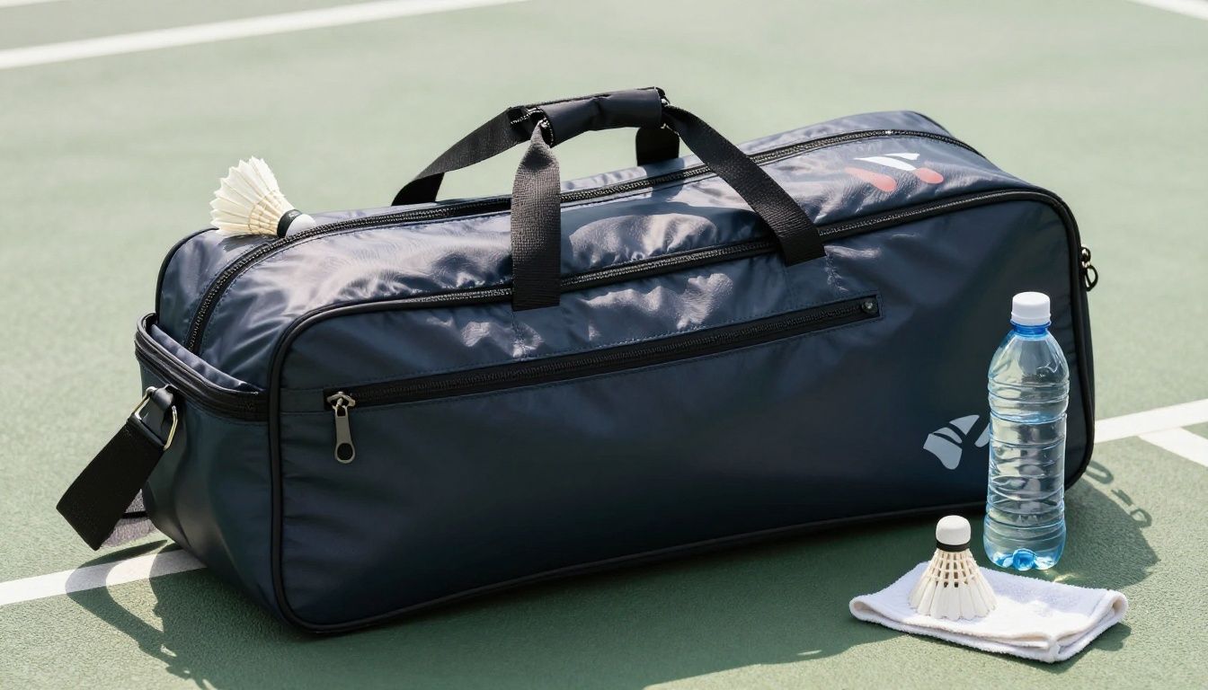 Badminton bag with rackets, water bottle, and towel on a court.