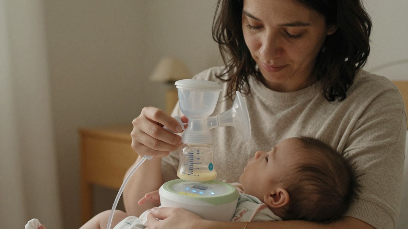 Madre usando un sacaleches con su bebé cerca.