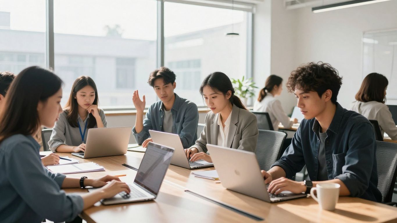 Young professionals collaborating in a bright, modern office.