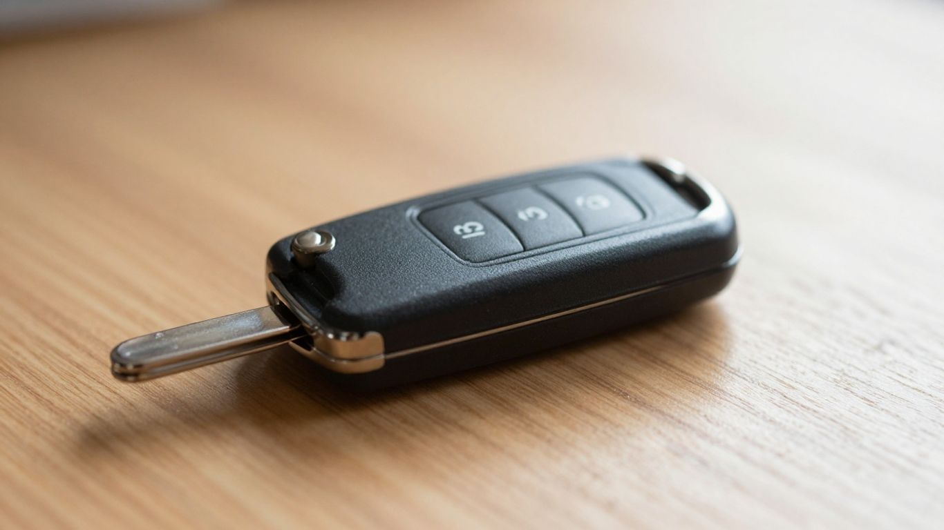 Car key fob on a wooden surface, close-up view.