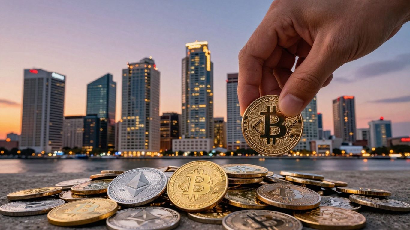 Tampa skyline with cryptocurrency coins and a hand.