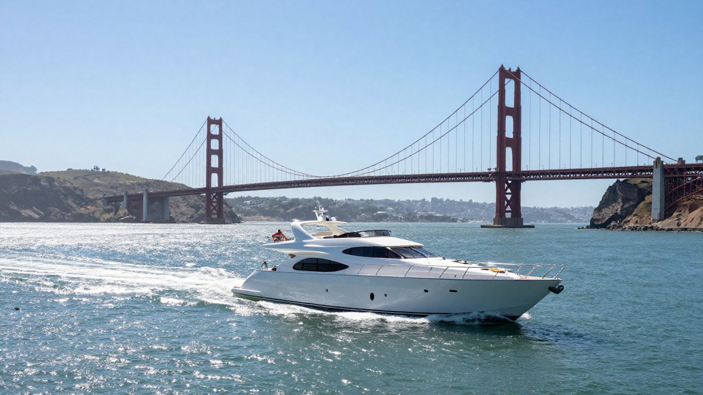 Luxury yacht sailing on San Francisco Bay near Golden Gate Bridge.