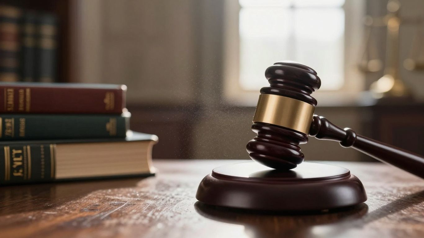 Gavel on legal books with courthouse background.