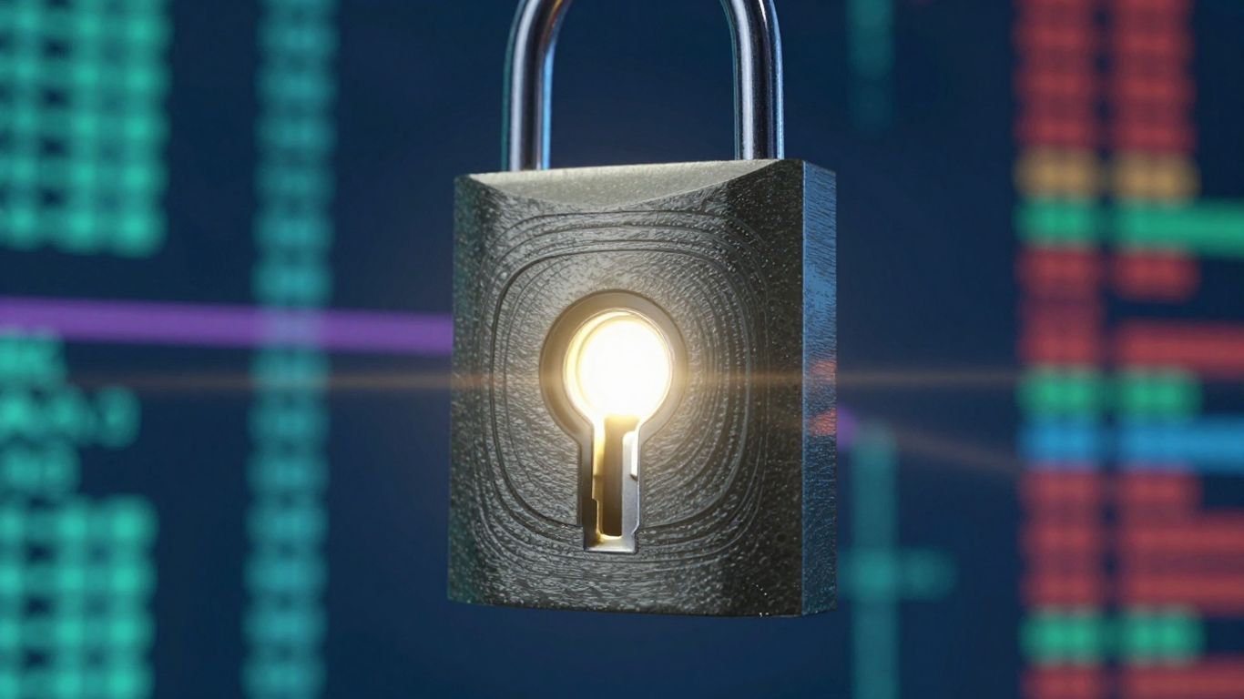 Digital padlock with glowing keyhole, data streams background