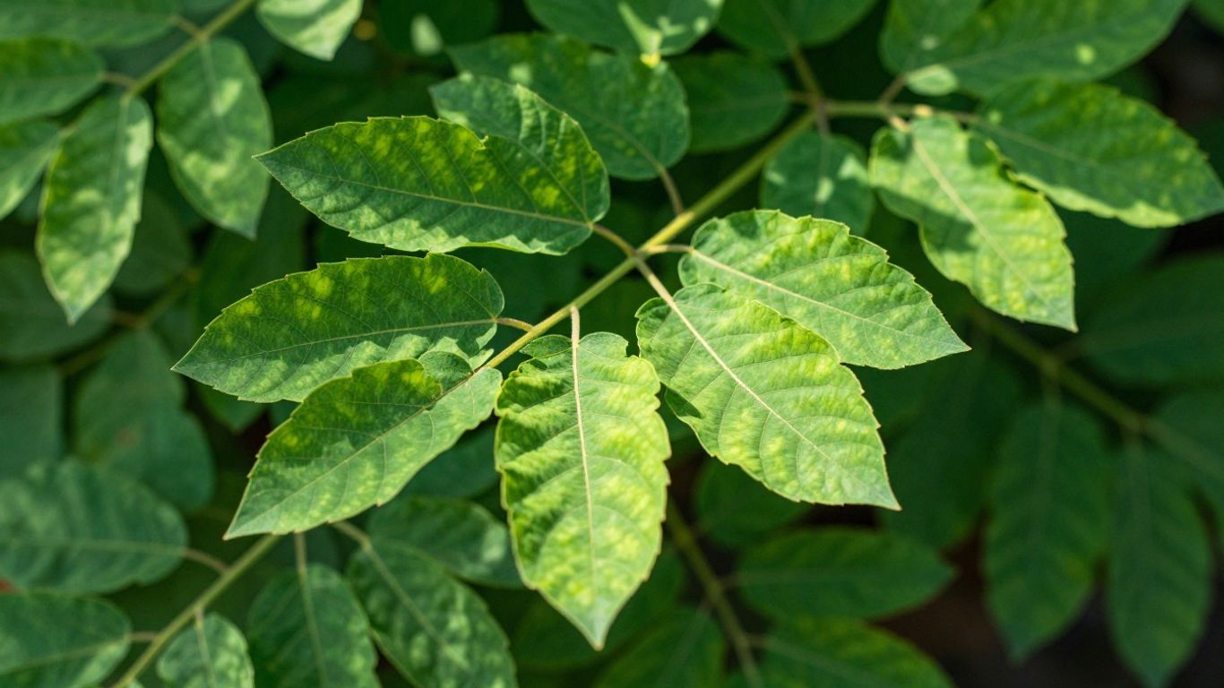 Fresh moringa leaves with sunlight filtering through.