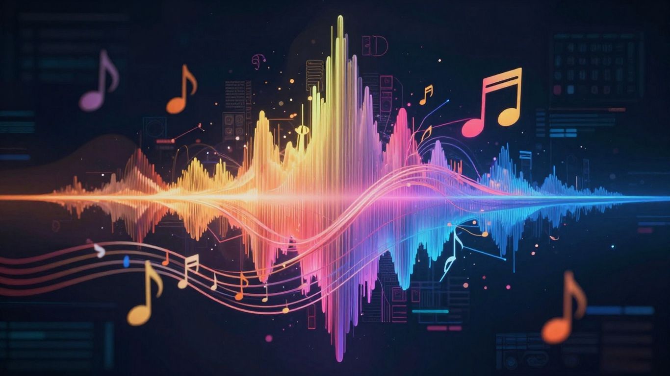 AI music generation with sound waves and notes.