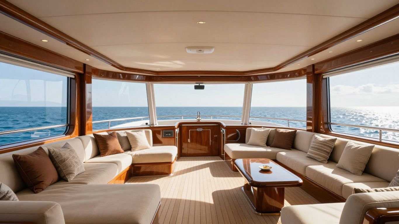 Luxurious yacht interior with ocean views and elegant furnishings.
