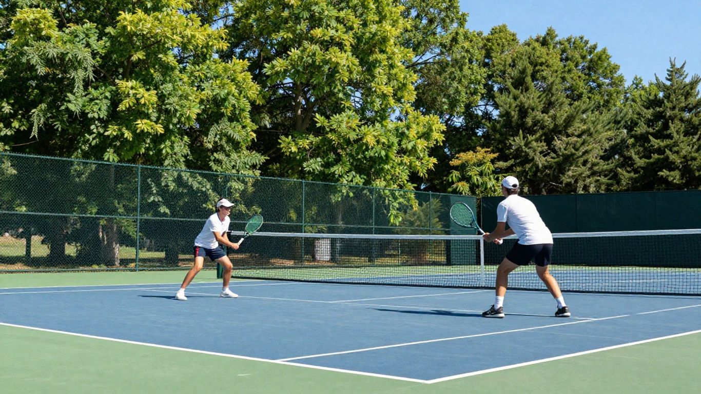 Tennis players in action on a sunny court.