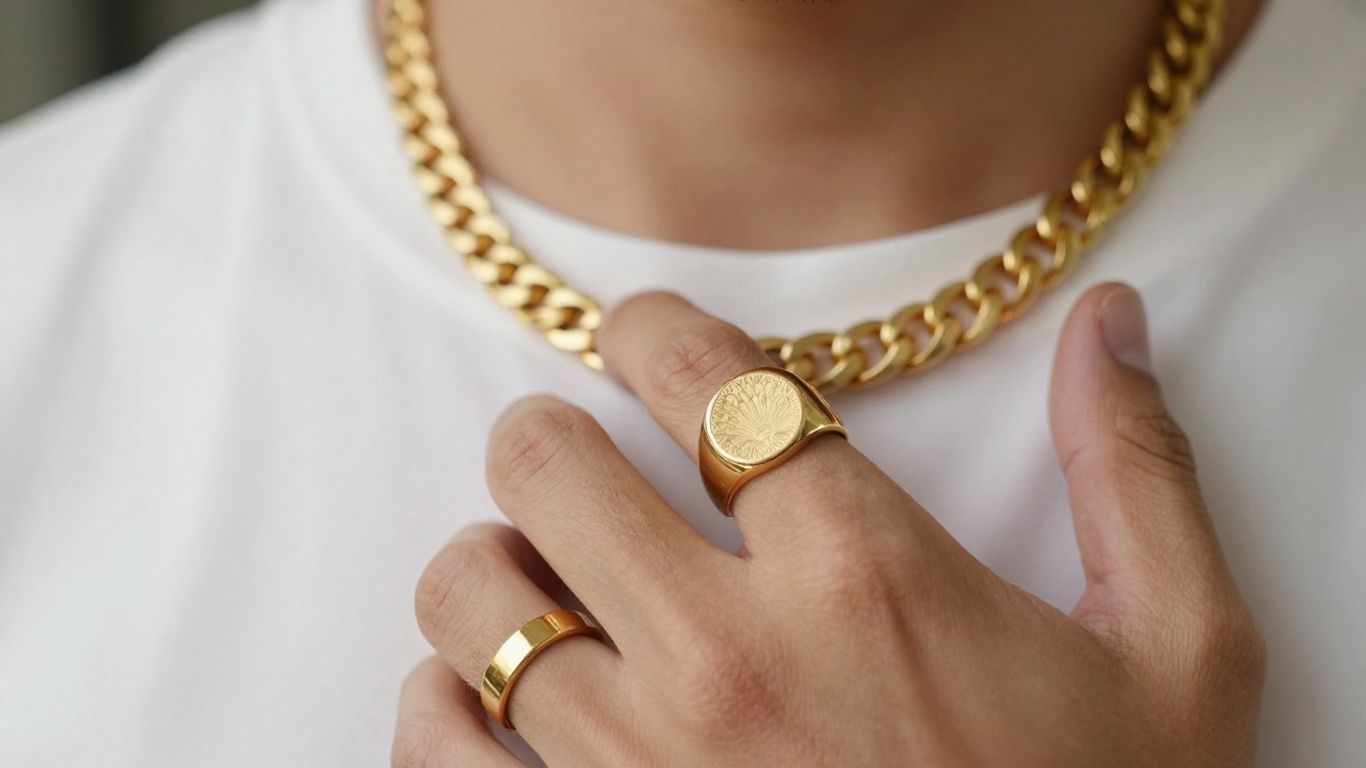 Mann trägt trendigen Goldschmuck
