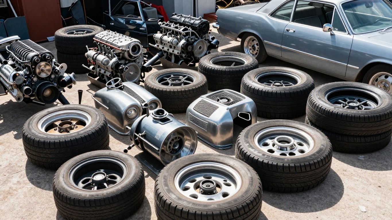 Chrysler car parts in a wrecking yard