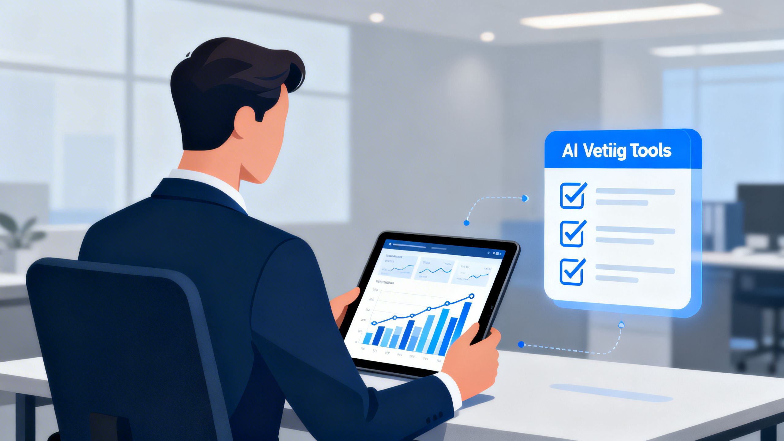 An eCommerce manager reviewing data on a tablet with a checklist icon, illustrating the concept of vetting AI tools.