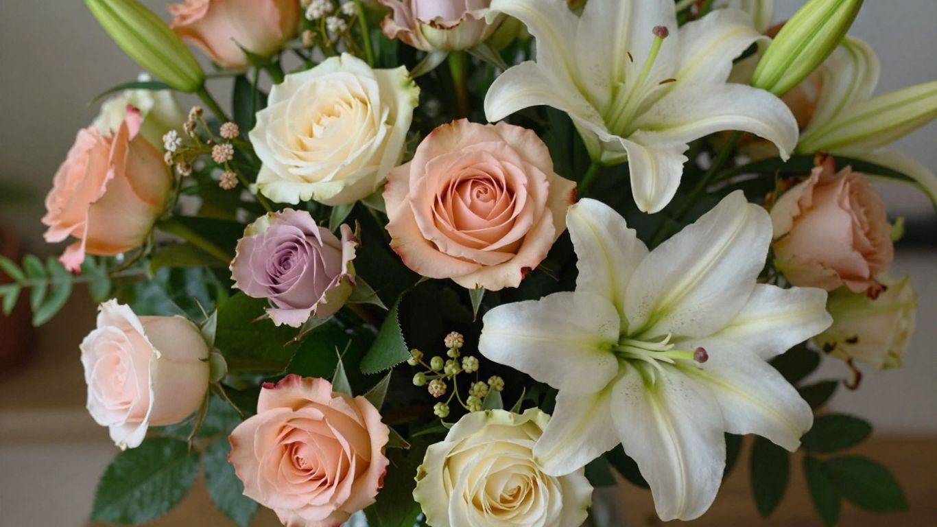 Beautiful flower bouquet with roses and lilies.