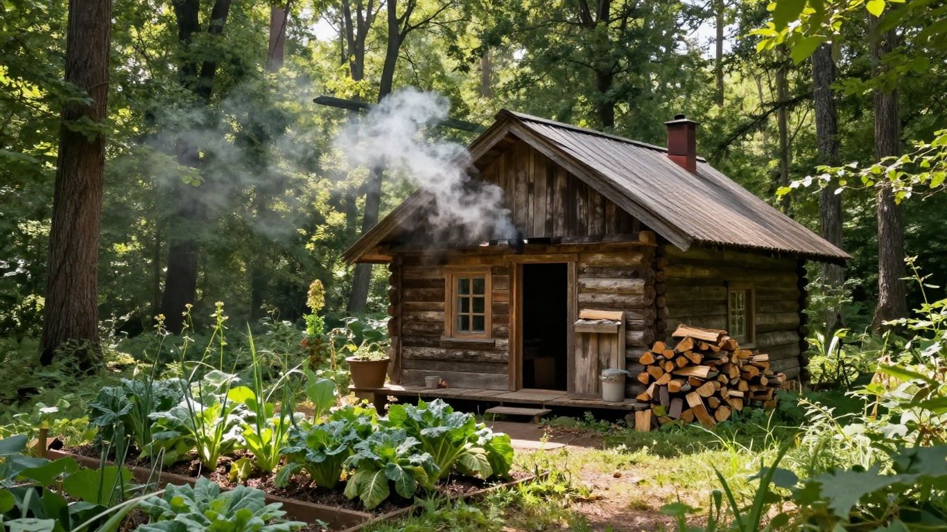 Off-grid cabin in a serene forest setting.