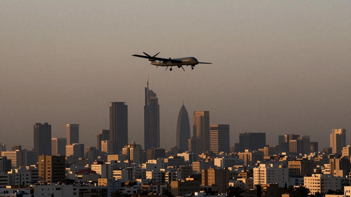 Drone flying over city at dusk.