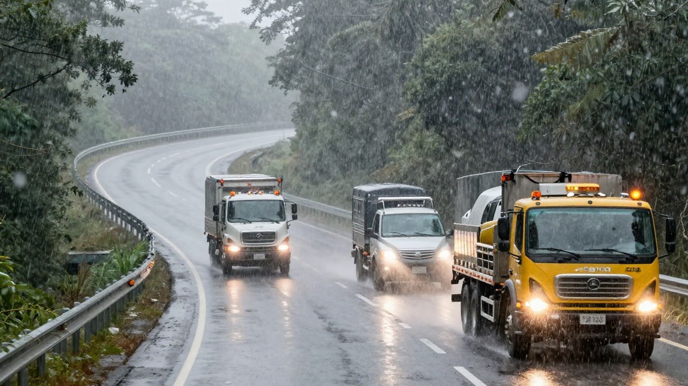 Tow truck driving in various weather conditions.