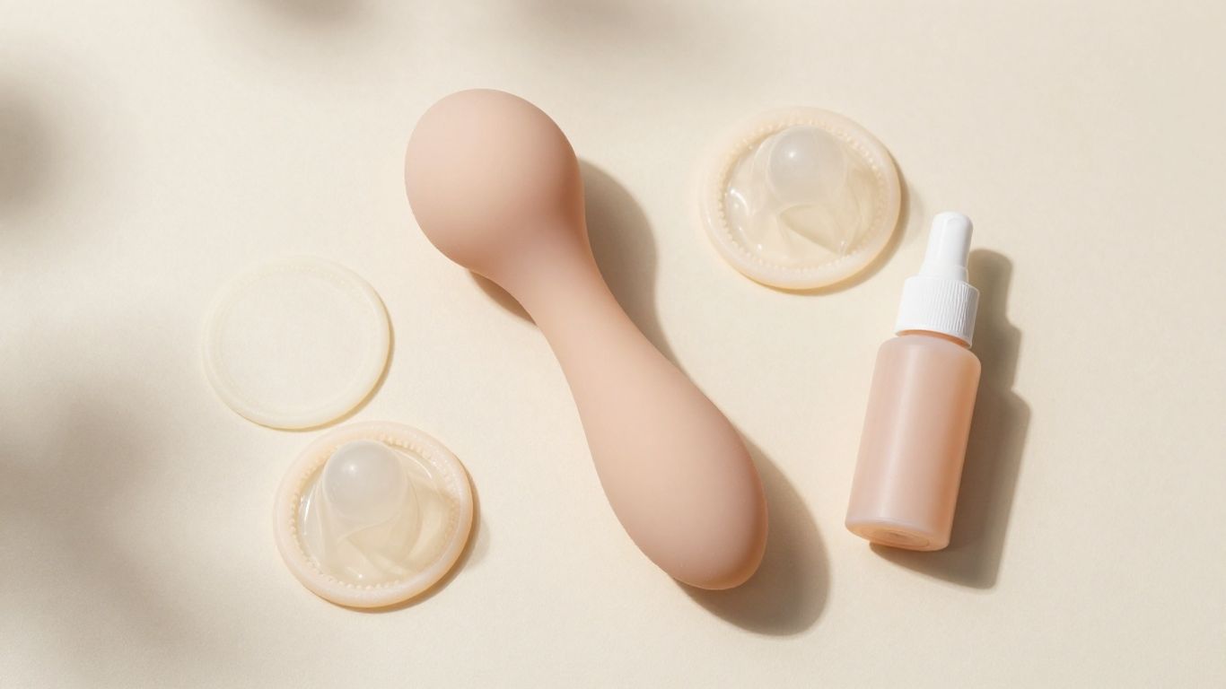 Condoms and silicone toys arranged beside lubricant