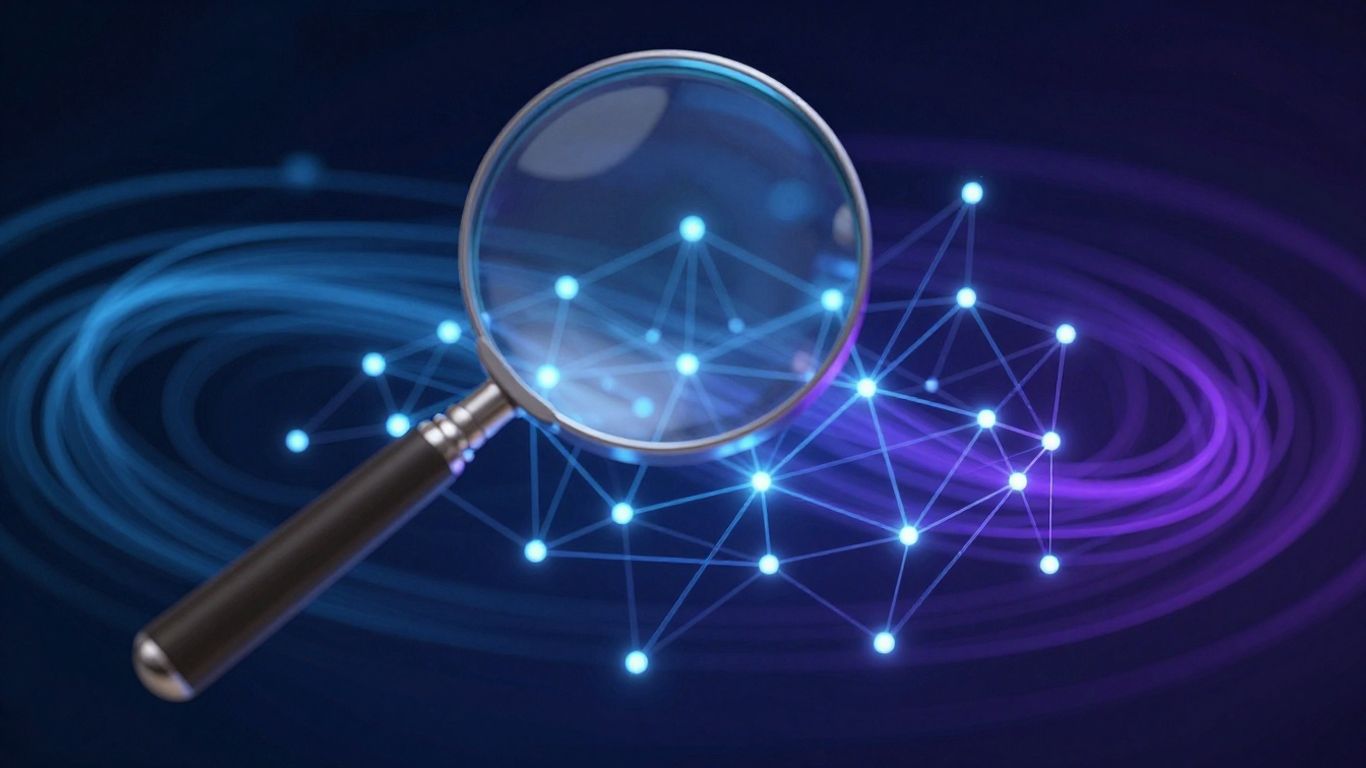 Magnifying glass over glowing digital network.