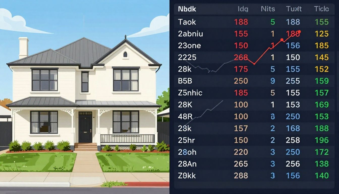 Australian house contrasted with a digital stock market display.