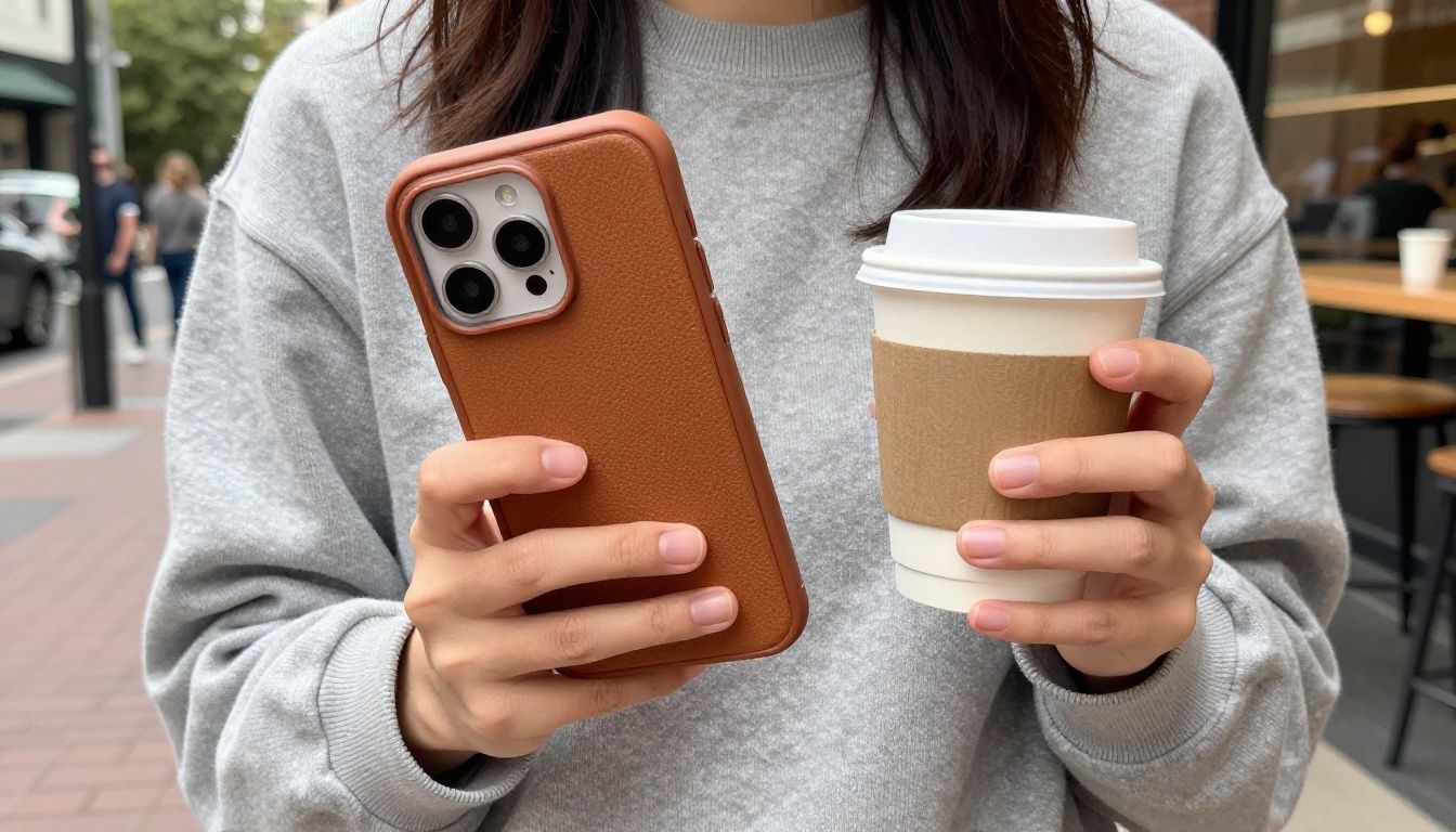 A person holding a Galaxy S25 FE with a sturdy, stylish case while enjoying a coffee at an outdoor café in Sydney