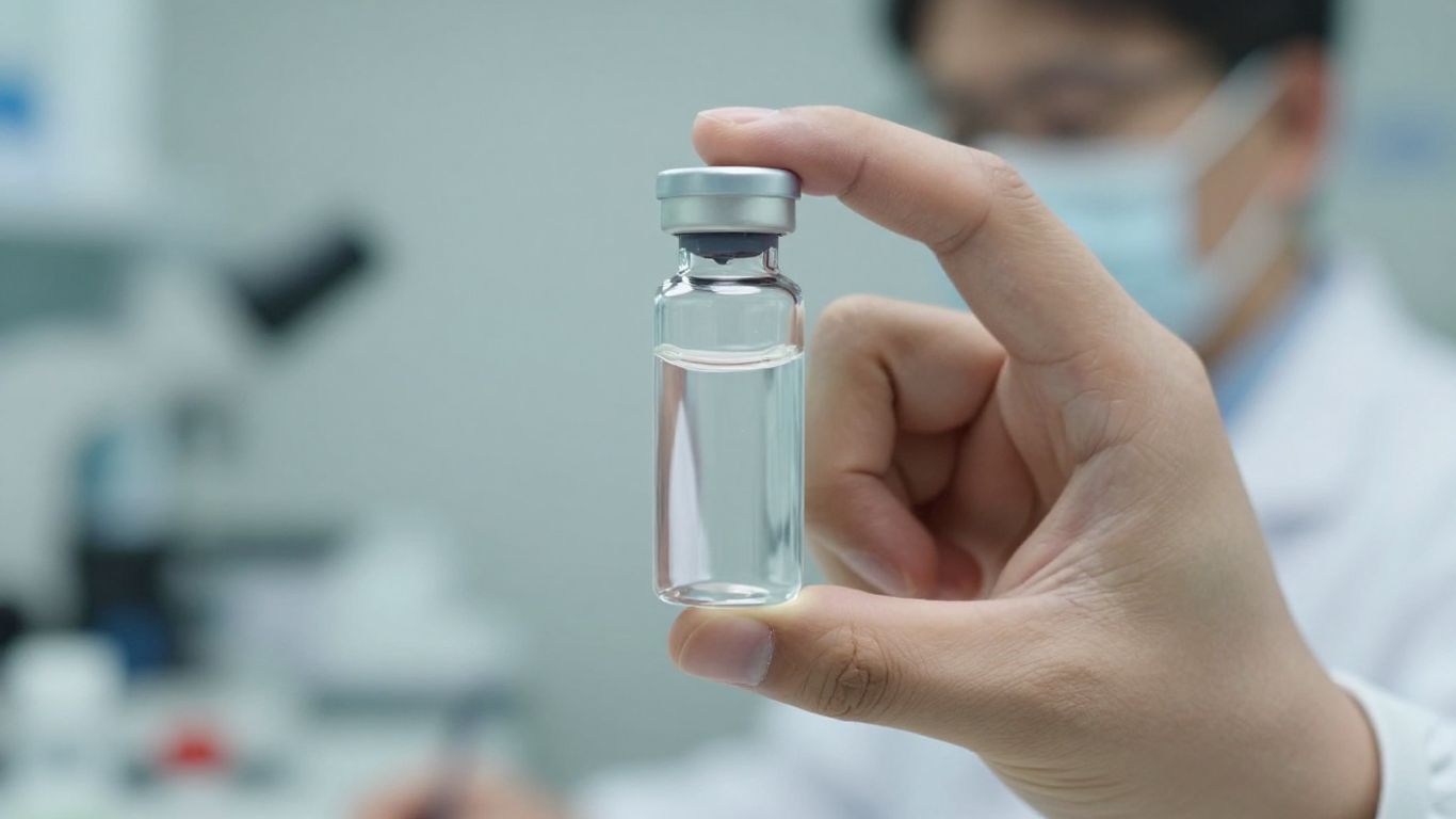 Person holding a vial with clear liquid.