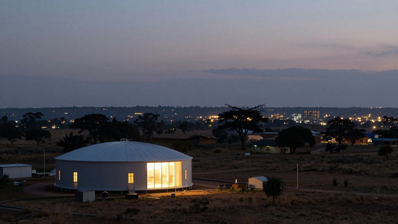 Paysage africain avec un mini-réacteur nucléaire.