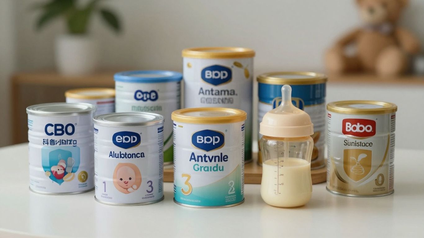 Latas de leche artificial para bebés y biberones.