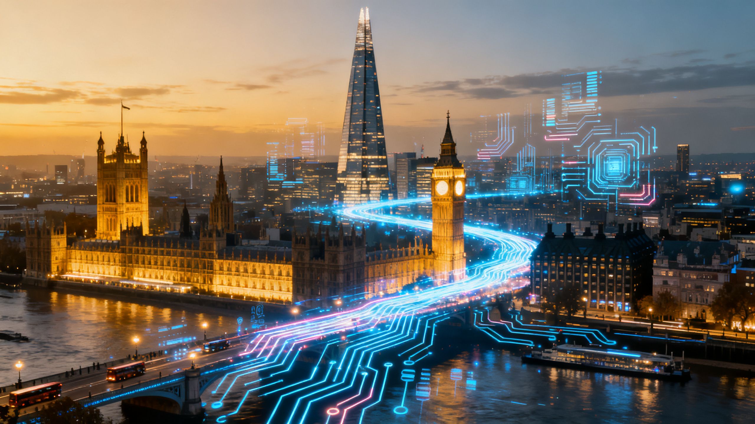 London cityscape with digital data streams, symbolizing AI investment.
