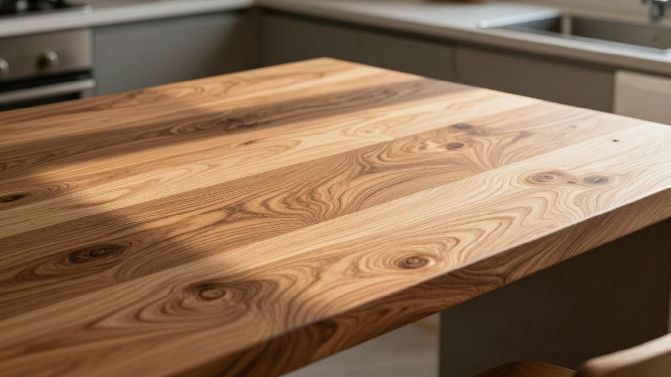 Warm oak kitchen worktop with natural grain texture.